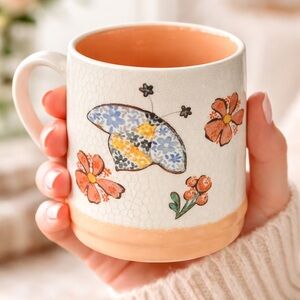 Seeds and Sunshine Bumblebee Floral Mug 18 oz. Crackle Glaze Cottagecore Whimsy